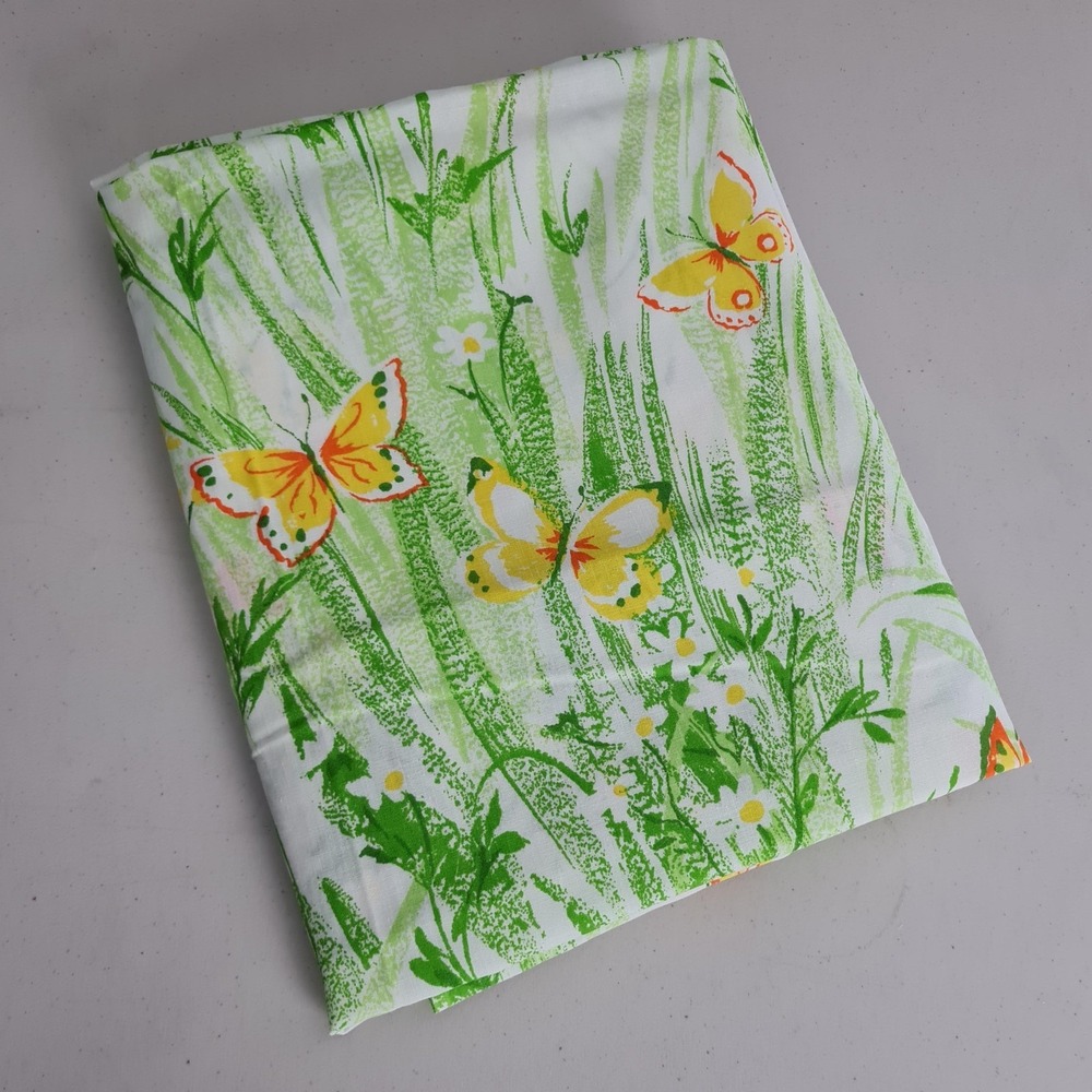 Vintage Bibb Twin Flat Sheet Butterfly Floral Print Green Yellow Orange USA 70s